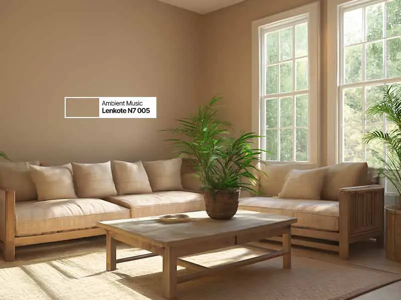 Ruang makan bertema rustic dengan dinding cat light brown yang natural