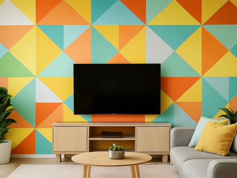 Dinding warna-warni cerah dengan pola segi empat dan segitiga di ruang keluarga